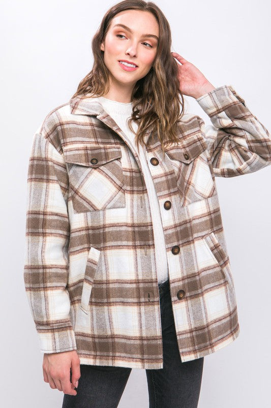 Plaid Button Up Jacket with Sherpa Lining-Charmful Clothing Boutique