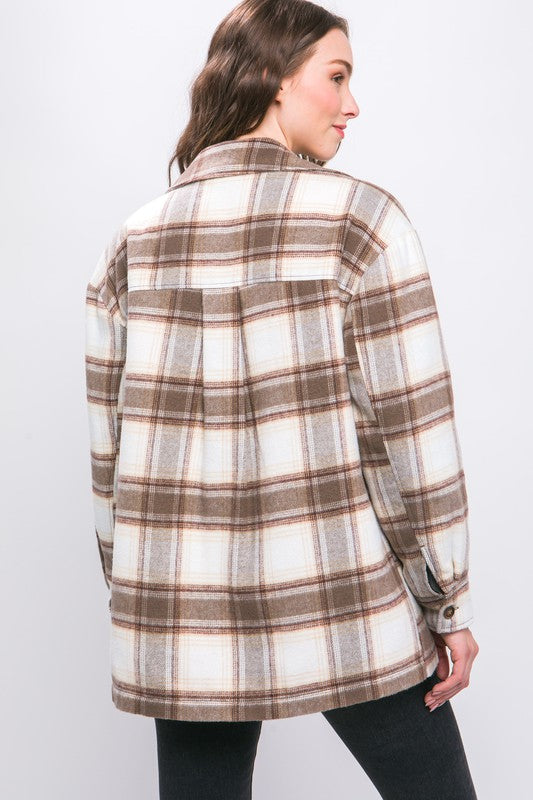 Plaid Button Up Jacket with Sherpa Lining-Charmful Clothing Boutique