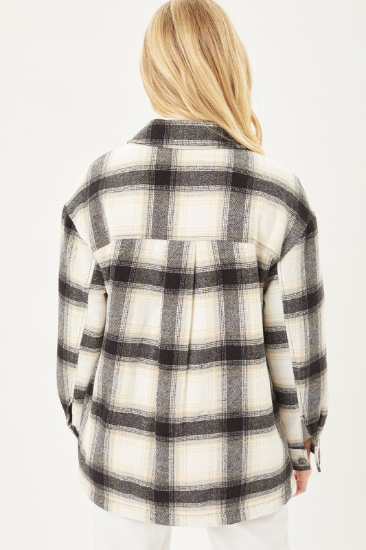 Plaid Button Up Jacket with Sherpa Lining-Charmful Clothing Boutique