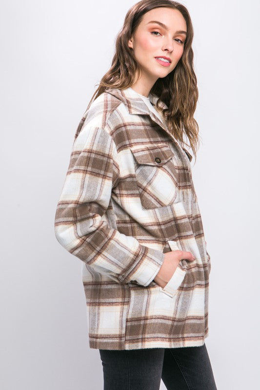 Plaid Button Up Jacket with Sherpa Lining-Charmful Clothing Boutique