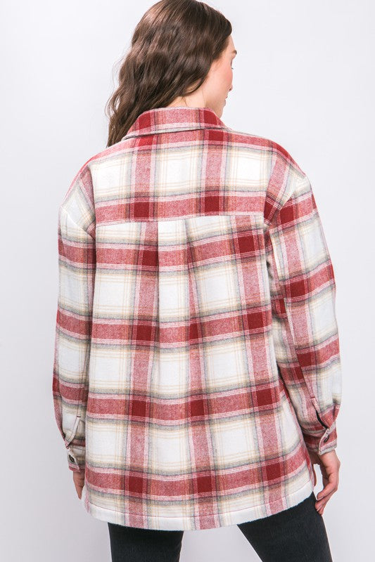 Plaid Button Up Jacket with Sherpa Lining-Charmful Clothing Boutique