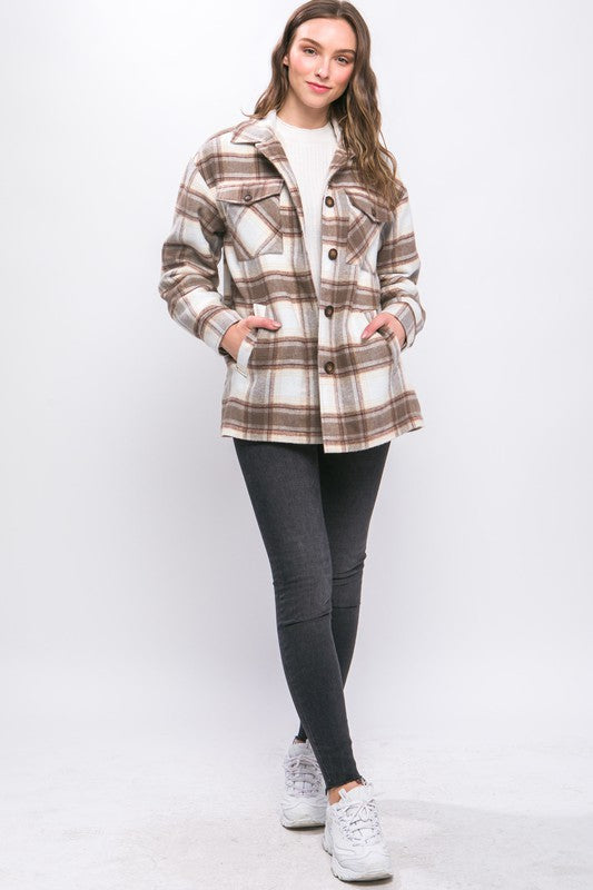 Plaid Button Up Jacket with Sherpa Lining-Charmful Clothing Boutique