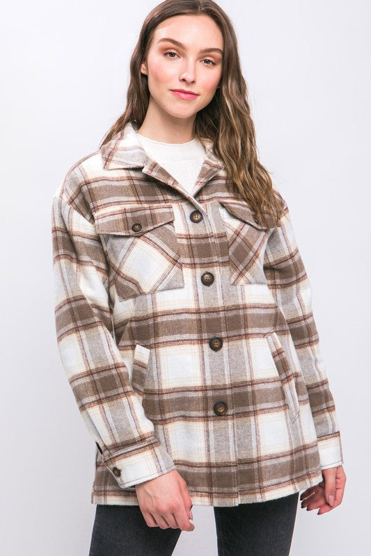 Plaid Button Up Jacket with Sherpa Lining-Charmful Clothing Boutique