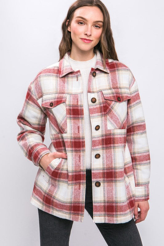 Plaid Button Up Jacket with Sherpa Lining-Charmful Clothing Boutique