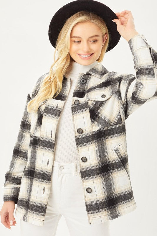 Plaid Button Up Jacket with Sherpa Lining-Charmful Clothing Boutique