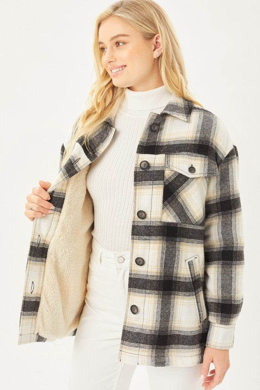 Plaid Button Up Jacket with Sherpa Lining-Charmful Clothing Boutique