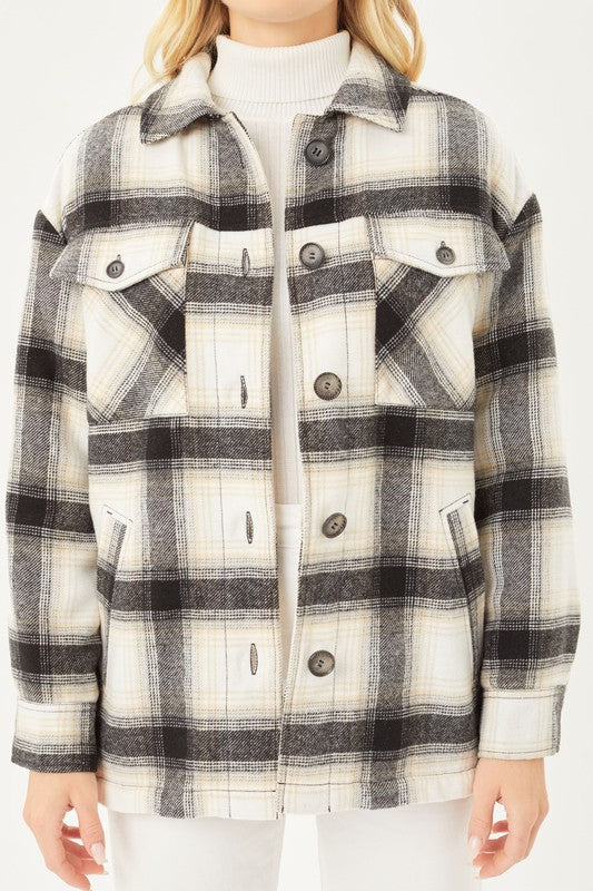 Plaid Button Up Jacket with Sherpa Lining-Charmful Clothing Boutique