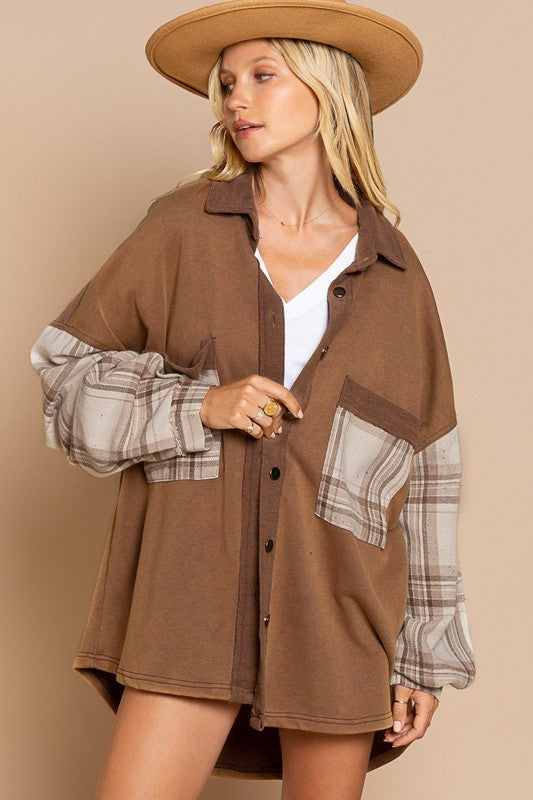 Long Sleeve With Plaid Detail Sleeve Shacket-Charmful Clothing Boutique