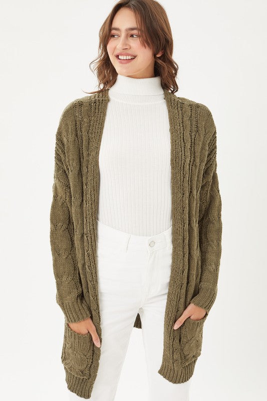 Chenille Cable Knit Oversized Open Front Cardigan-Charmful Clothing Boutique