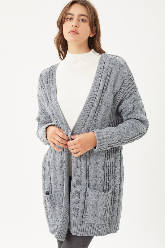 Chenille Cable Knit Oversized Open Front Cardigan-Charmful Clothing Boutique