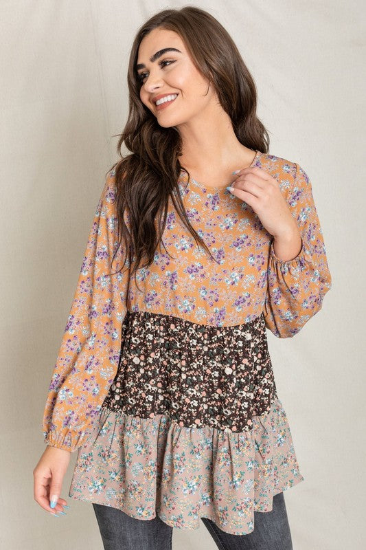 Woven Ditsy Floral Tiered Tunic-Charmful Clothing Boutique