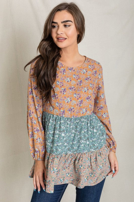 Woven Ditsy Floral Tiered Tunic-Charmful Clothing Boutique