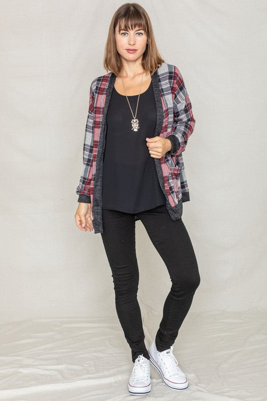 Knit Plaid Slouch Cardigan-Charmful Clothing Boutique
