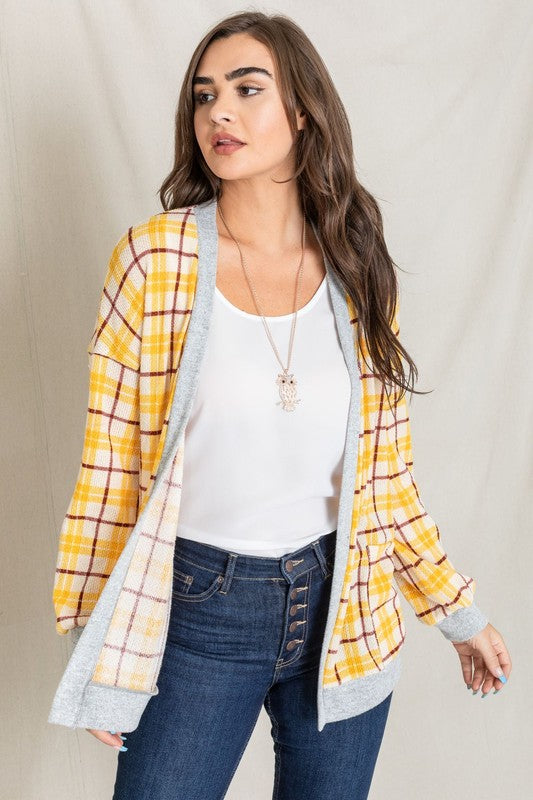 Knit Plaid Slouch Cardigan-Charmful Clothing Boutique