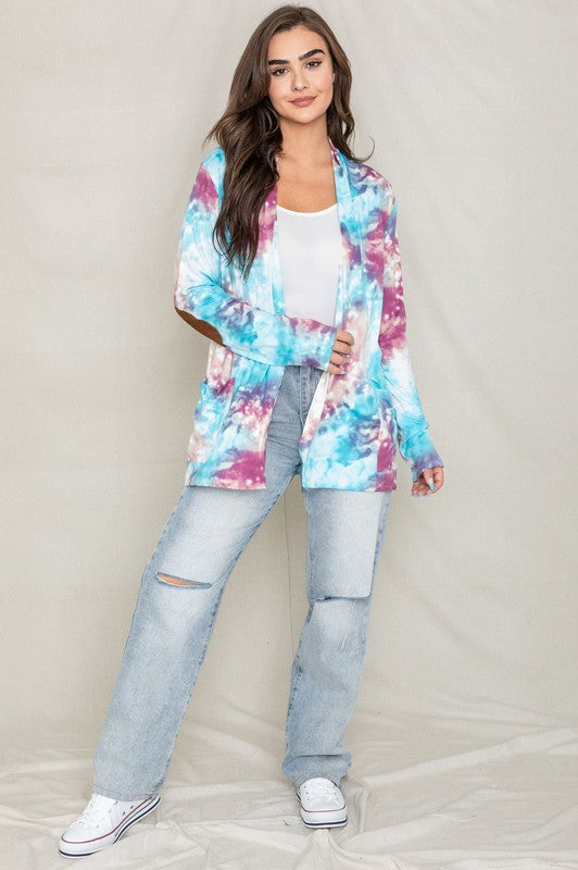 Tie Dye Elbow Patch Open Cardigan-Charmful Clothing Boutique