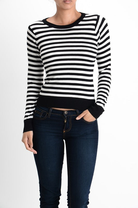 Striped Long Sleeve Pullover Stretch Sweater-Charmful Clothing Boutique