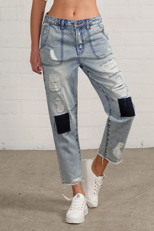 RAW HEM PATCHED JEANS-Charmful Clothing Boutique