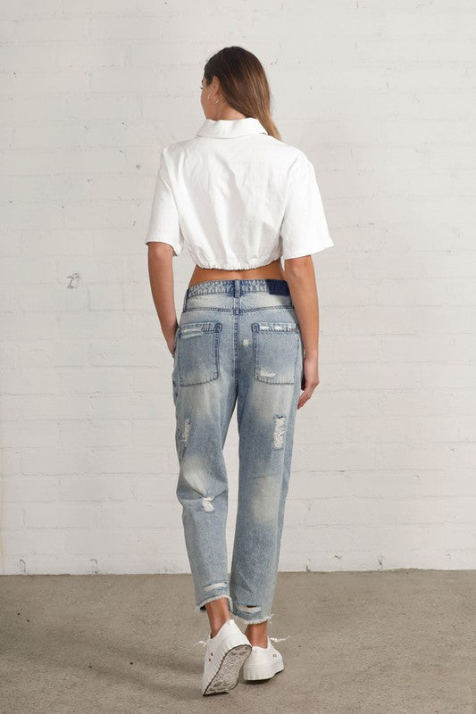 RAW HEM PATCHED JEANS-Charmful Clothing Boutique