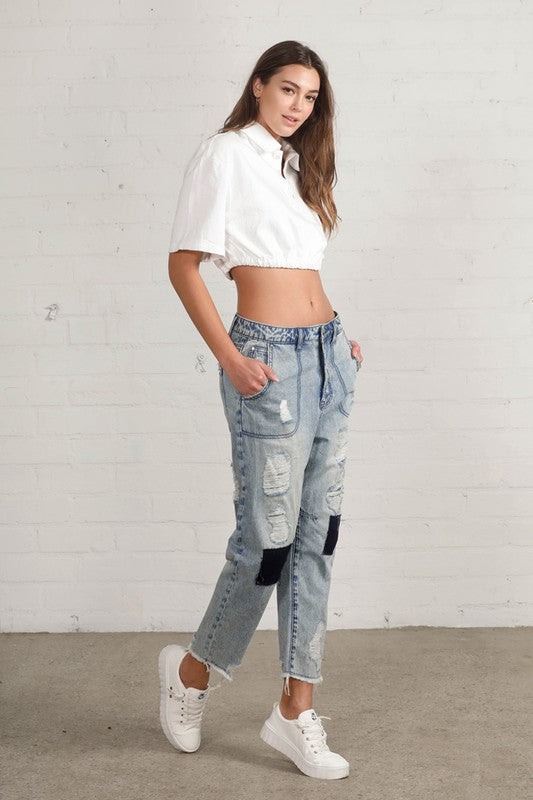 RAW HEM PATCHED JEANS-Charmful Clothing Boutique