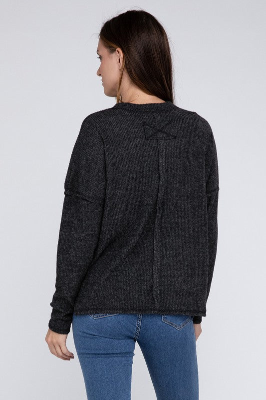 Ribbed Brushed Melange Hacci Sweater with a Pocket-Charmful Clothing Boutique