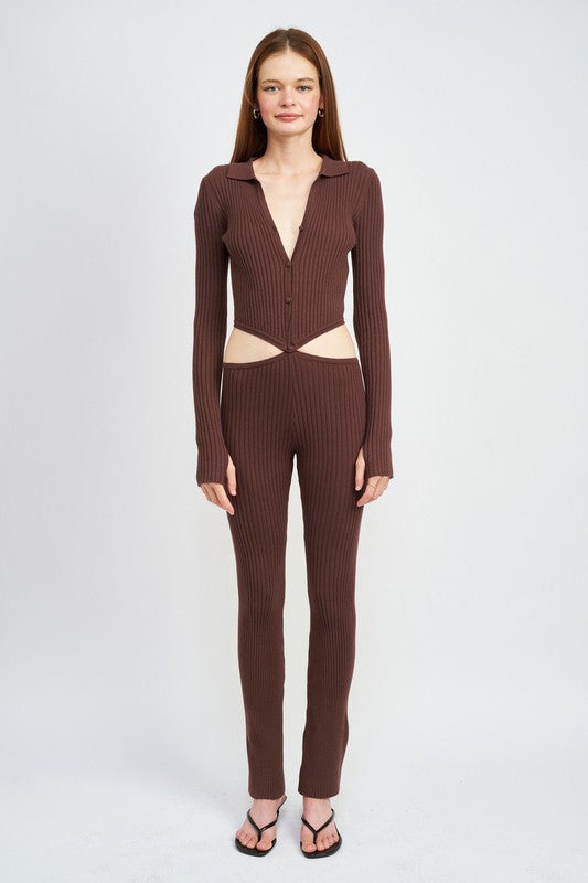 LONG SLEEVE BUTTON UP JUMPSUIT WITH SIDE CUT OUTS