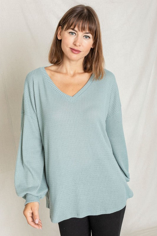 Balloon Sleeve V Neck Top-Charmful Clothing Boutique