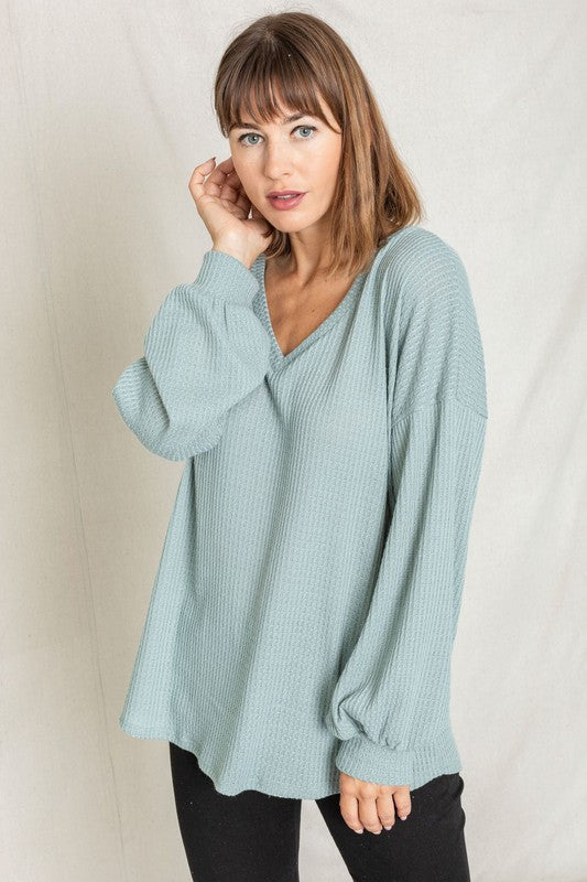 Balloon Sleeve V Neck Top-Charmful Clothing Boutique