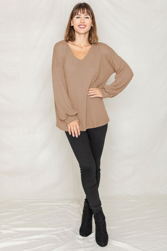 Balloon Sleeve V Neck Top-Charmful Clothing Boutique