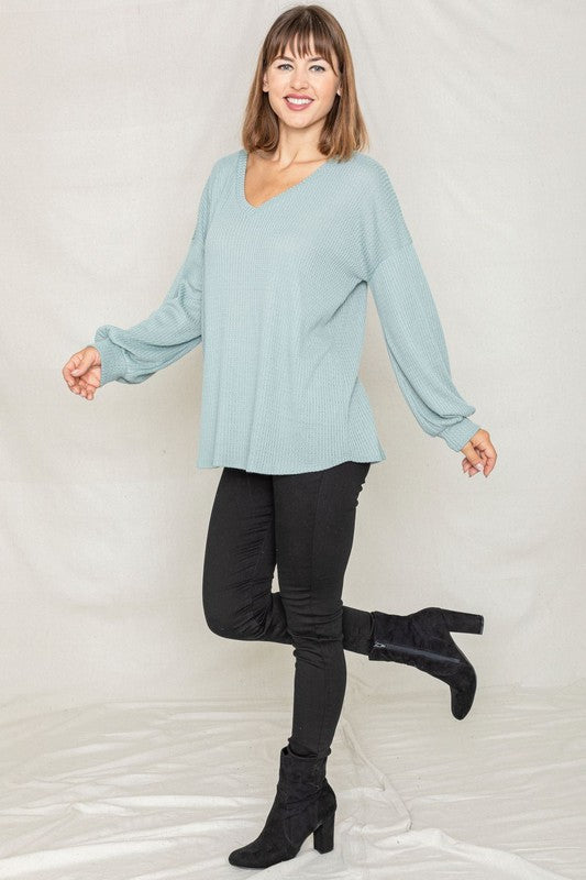 Balloon Sleeve V Neck Top-Charmful Clothing Boutique