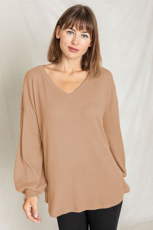 Balloon Sleeve V Neck Top-Charmful Clothing Boutique