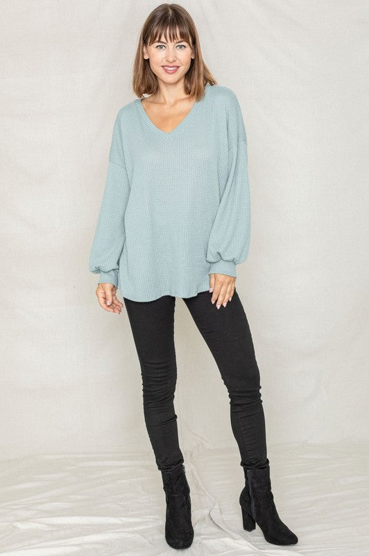Balloon Sleeve V Neck Top-Charmful Clothing Boutique
