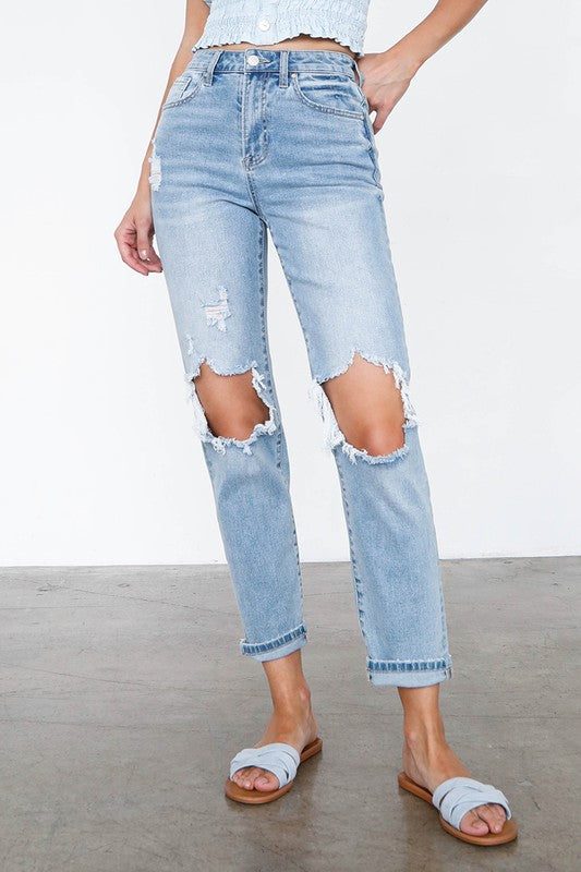 High Waist Destroyed Hem Boyfriend Jeans-Charmful Clothing Boutique
