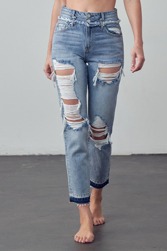 High Rise Double Waistband Released Hem Jeans-Charmful Clothing Boutique