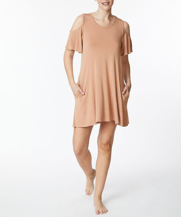 BAMBOO COLD SHOULDER FLARE DRESS-Charmful Clothing Boutique