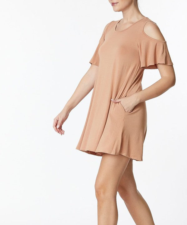 BAMBOO COLD SHOULDER FLARE DRESS-Charmful Clothing Boutique