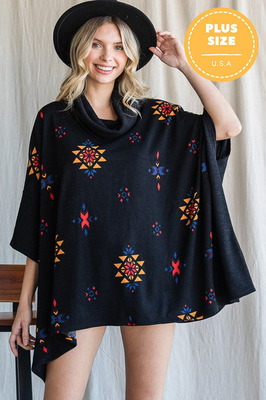 AZTEC PRINT COWL NECK OVERSIZED PONCHO-Charmful Clothing Boutique