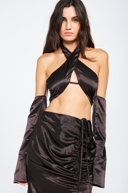 LONG SLEEVE OFF SHOULDER BLOUSE WITH HALTER TOP-Charmful Clothing Boutique