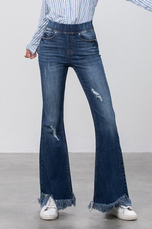 Elastic Banded Long Frayed Flare Jeans-Charmful Clothing Boutique