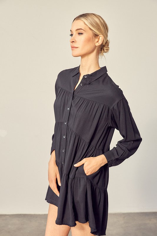 Tiered Mini Shirtdress-Charmful Clothing Boutique