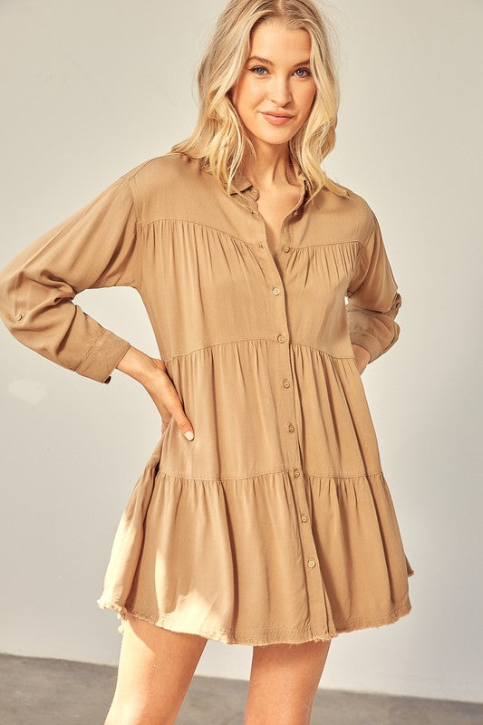 Tiered Mini Shirtdress-Charmful Clothing Boutique