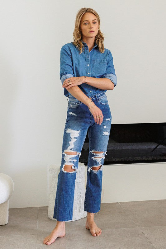 Distressed High Rise Ankle Relaxed Straight Jeans-Charmful Clothing Boutique