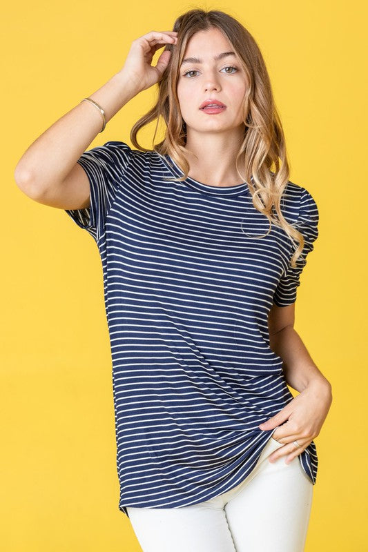 Stripe Puff Ruched Sleeve Top-Charmful Clothing Boutique