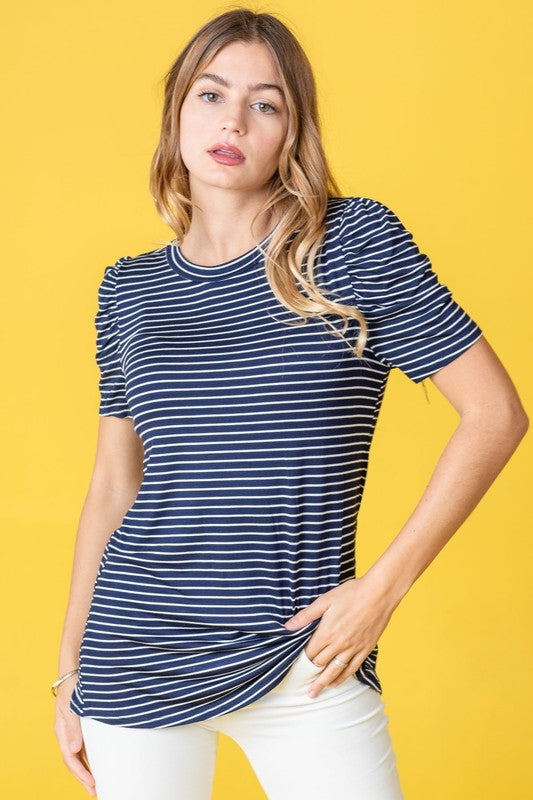 Plus Stripe Puff Ruched Sleeve Top-Charmful Clothing Boutique