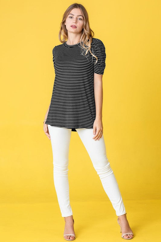 Plus Stripe Puff Ruched Sleeve Top-Charmful Clothing Boutique