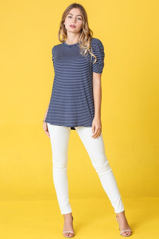 Stripe Puff Ruched Sleeve Top-Charmful Clothing Boutique