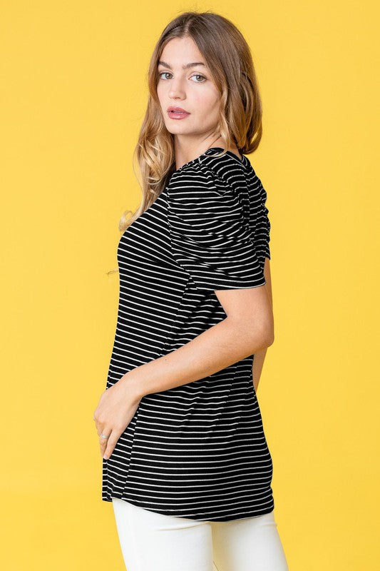 Plus Stripe Puff Ruched Sleeve Top-Charmful Clothing Boutique