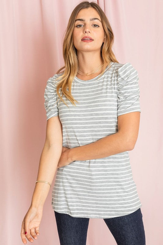 Stripe Puff Ruched Sleeve Top-Charmful Clothing Boutique