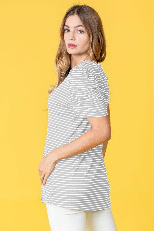 Stripe Puff Ruched Sleeve Top-Charmful Clothing Boutique