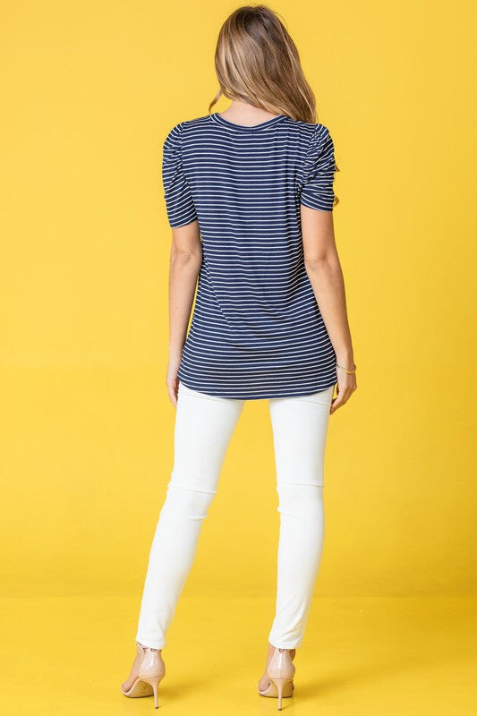 Plus Stripe Puff Ruched Sleeve Top-Charmful Clothing Boutique