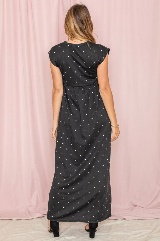 Polka Dot Folded Cap Sleeve Maxi Dress-Charmful Clothing Boutique